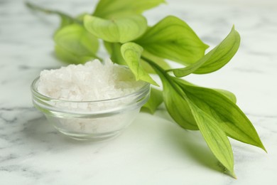 Photo of Sea salt in glass bowl and green leaves on white marble table, closeup