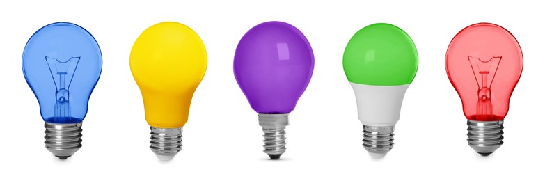 Image of Different light bulbs with colorful glass on white background, set