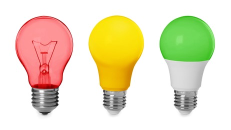 Image of Different light bulbs with colorful glass on white background, set