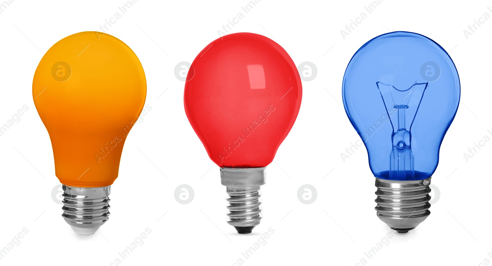 Image of Different light bulbs with colorful glass on white background, set