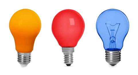 Image of Different light bulbs with colorful glass on white background, set