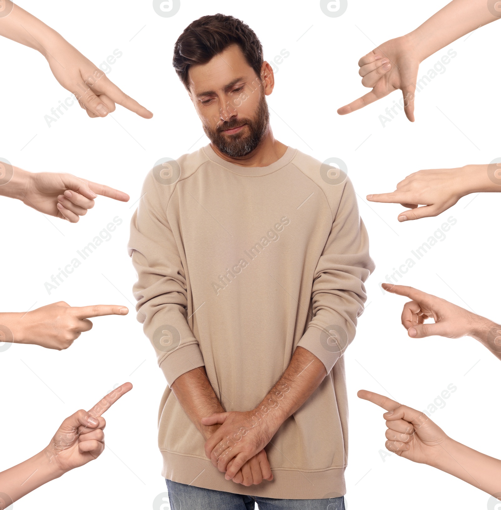 Image of People pointing at embarrassed man on white background