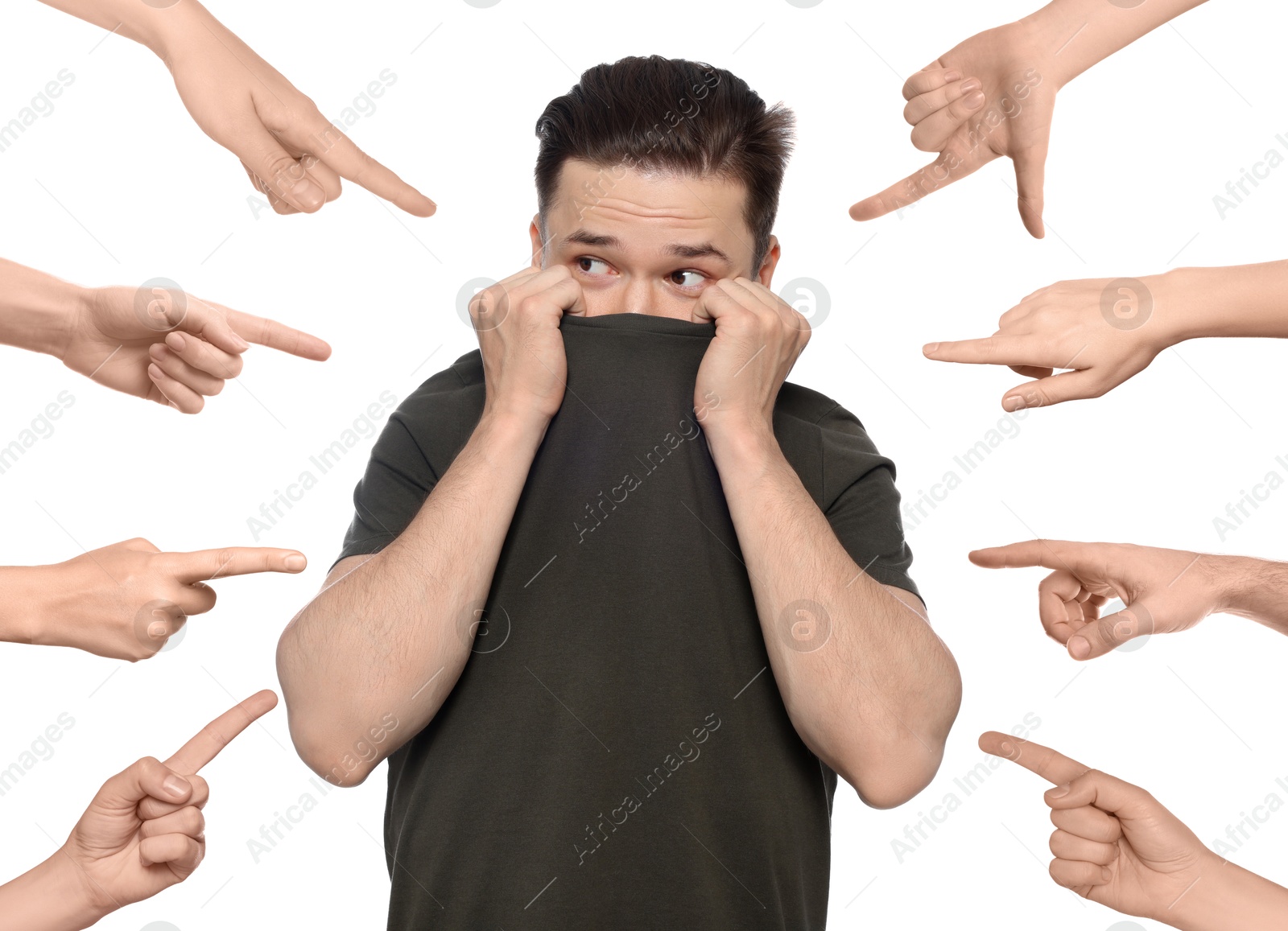 Image of People pointing at embarrassed man on white background