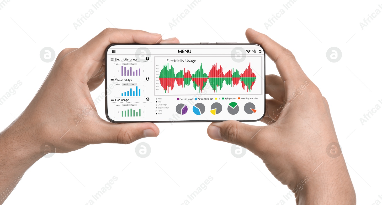 Image of Man monitoring smart meter readings on mobile phone on white background, closeup