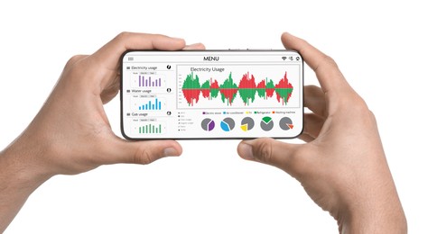 Man monitoring smart meter readings on mobile phone on white background, closeup