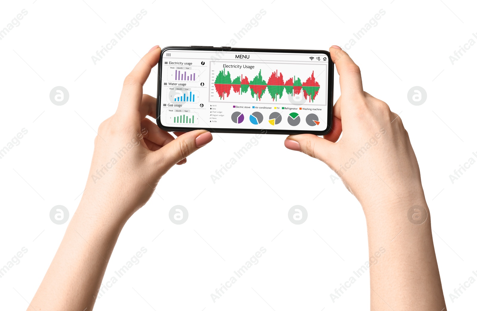 Image of Woman monitoring smart meter readings on mobile phone on white background, closeup