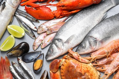 Many different sea food and lime on grey table, flat lay