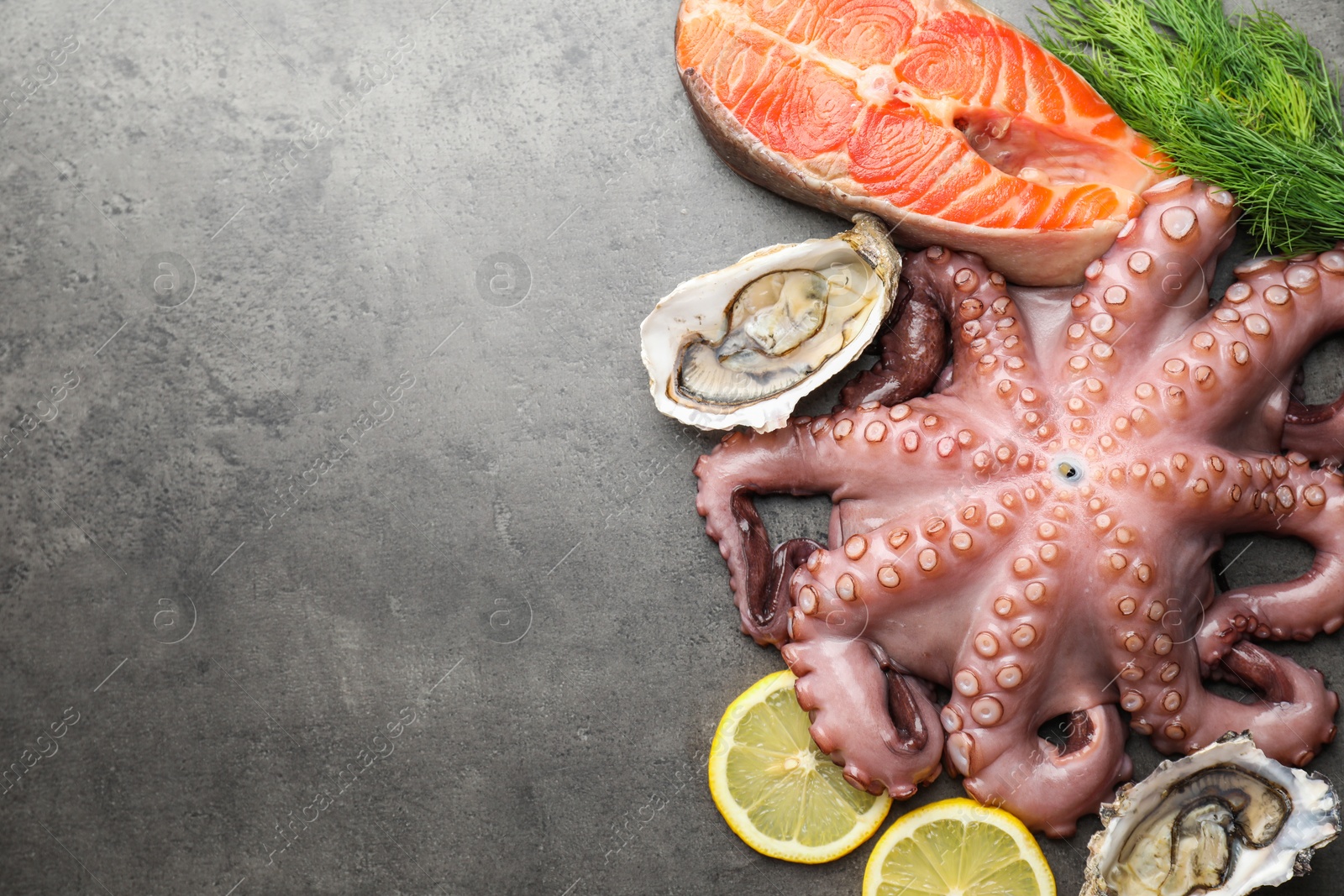 Photo of Different sea food on grey table, flat lay. Space for text