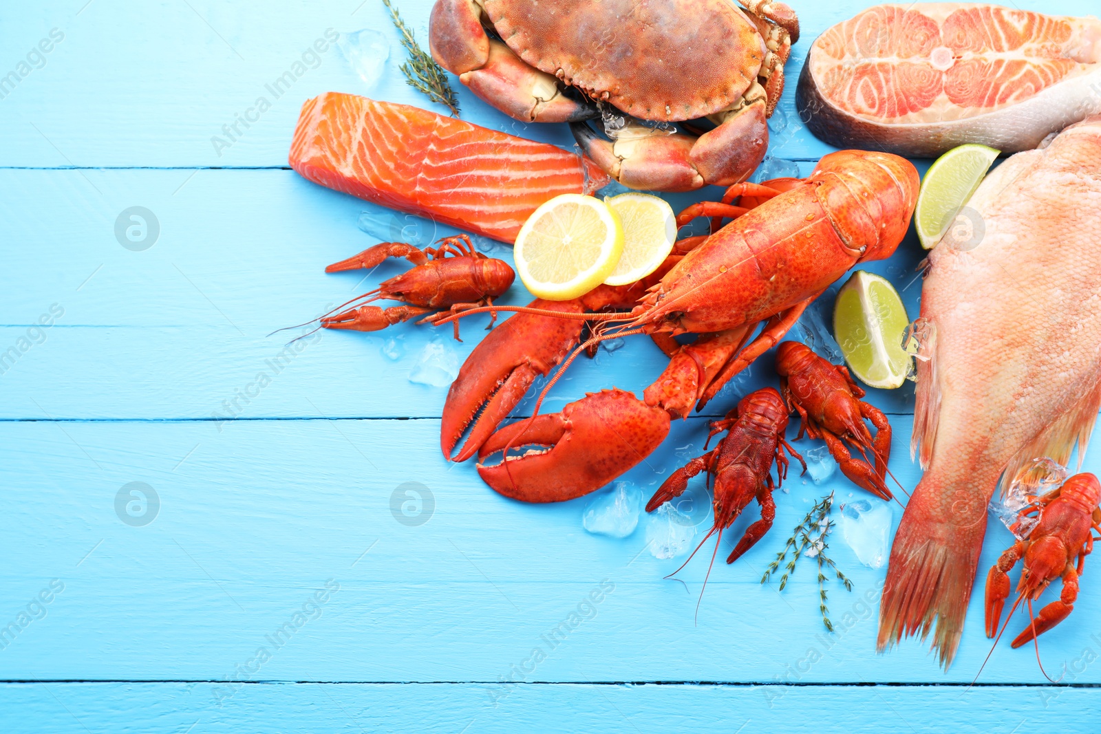 Photo of Different sea food on light blue wooden table, flat lay. Space for text