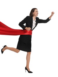 Photo of Young businesswoman in suit crossing red finish line on white background