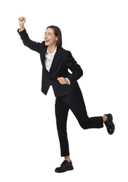 Photo of Young businesswoman in suit running on white background