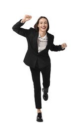 Young businesswoman in suit running on white background