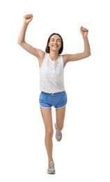 Beautiful woman in sportswear running on white background