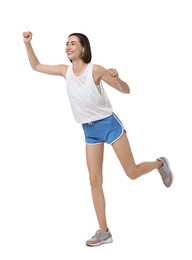 Photo of Beautiful woman in sportswear running on white background