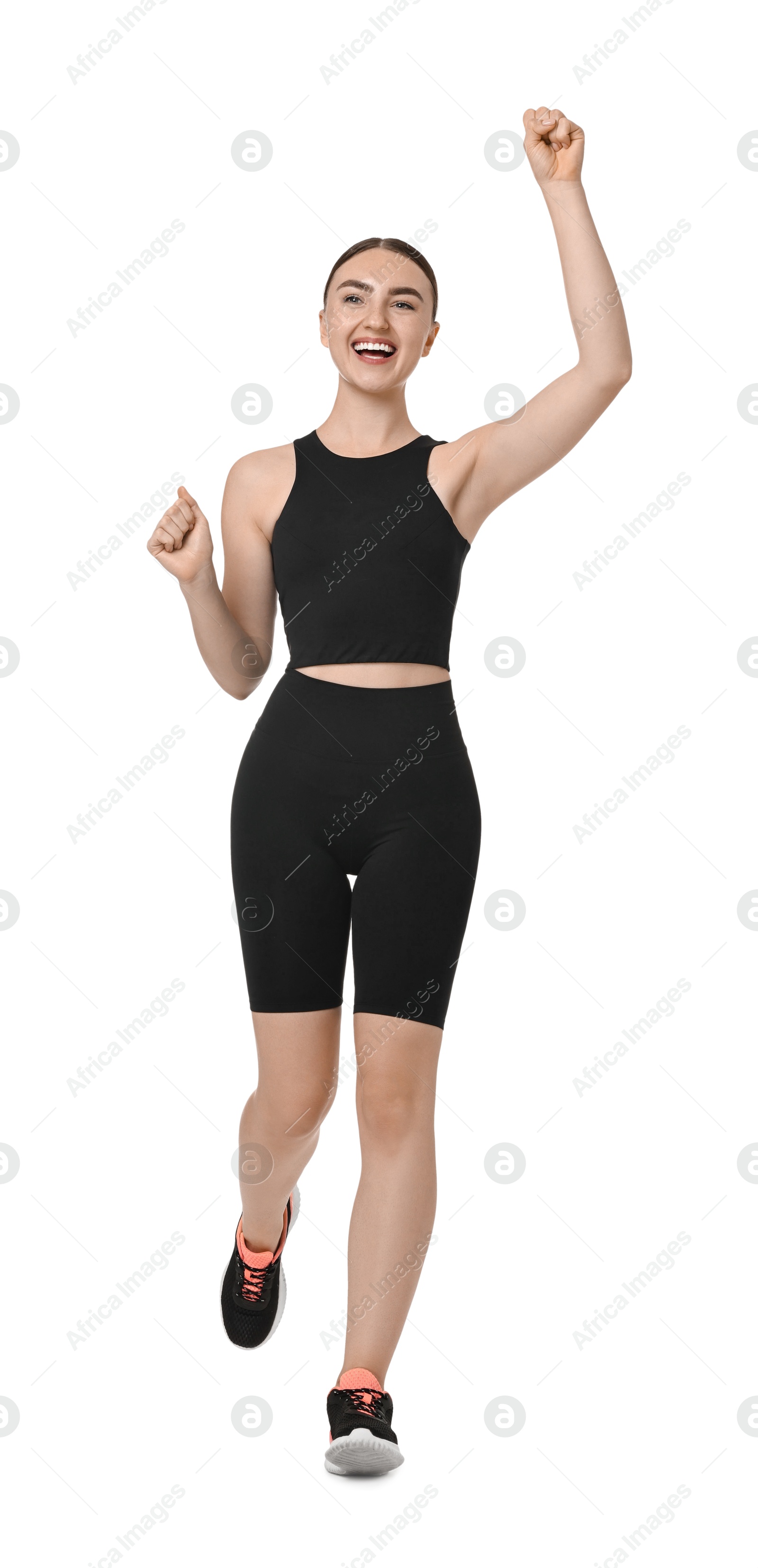 Photo of Beautiful woman in sportswear running on white background