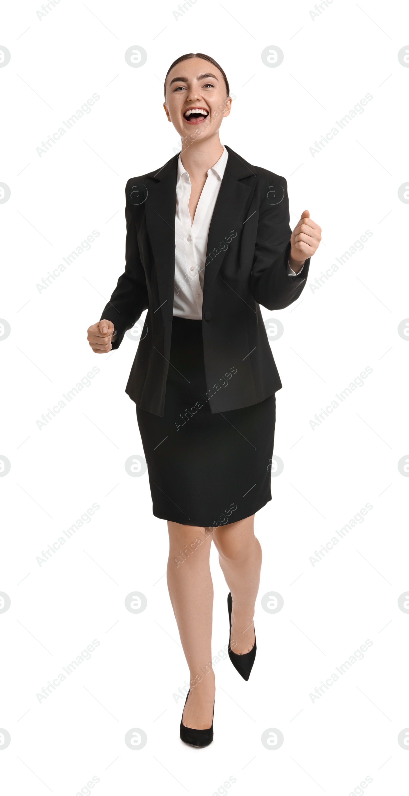 Photo of Young businesswoman in suit running on white background