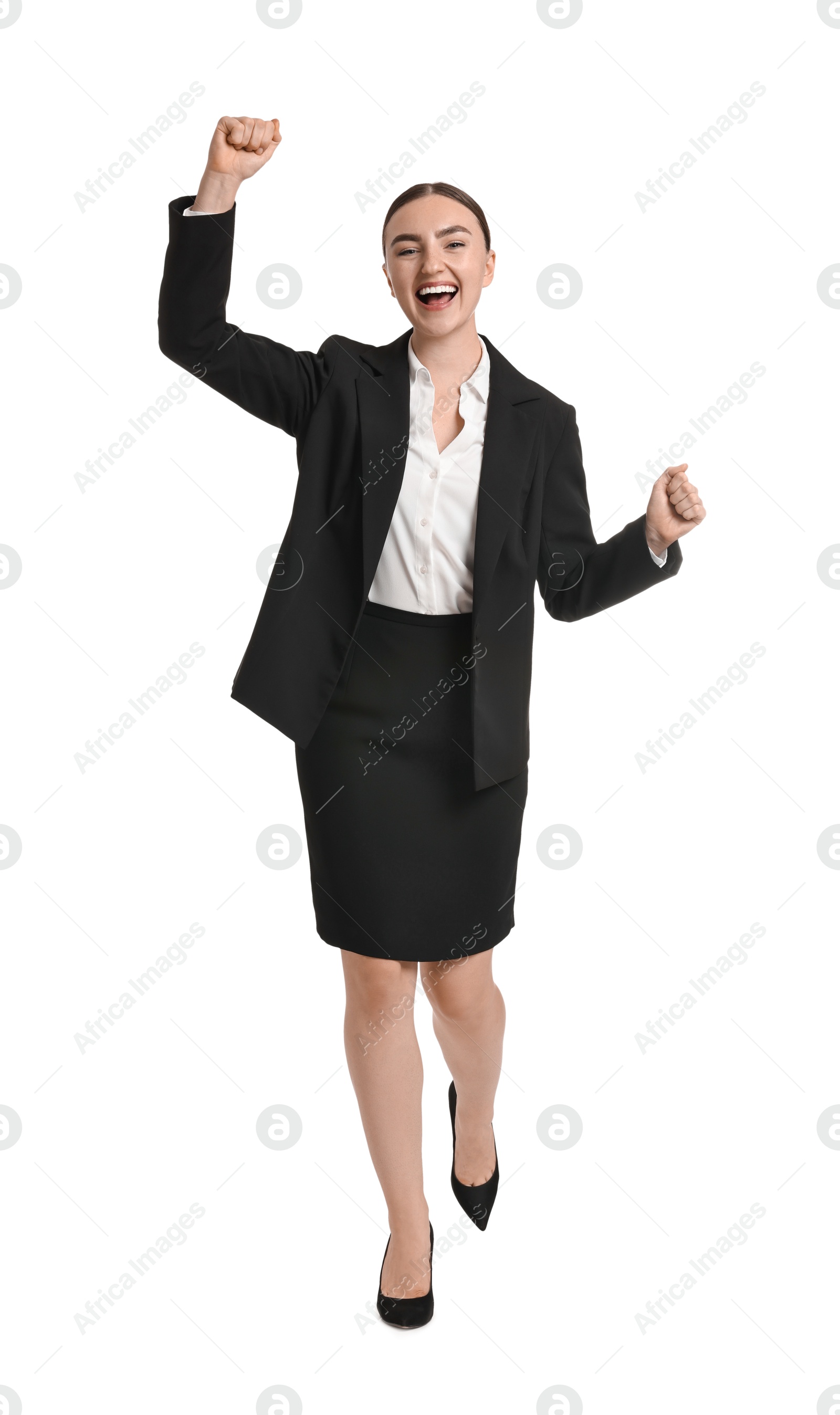 Photo of Young businesswoman in suit running on white background