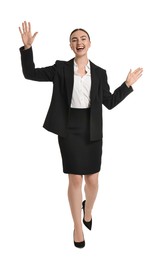 Young businesswoman in suit running on white background