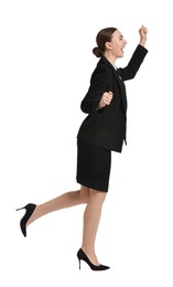 Photo of Young businesswoman in suit running on white background