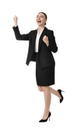 Young businesswoman in suit running on white background