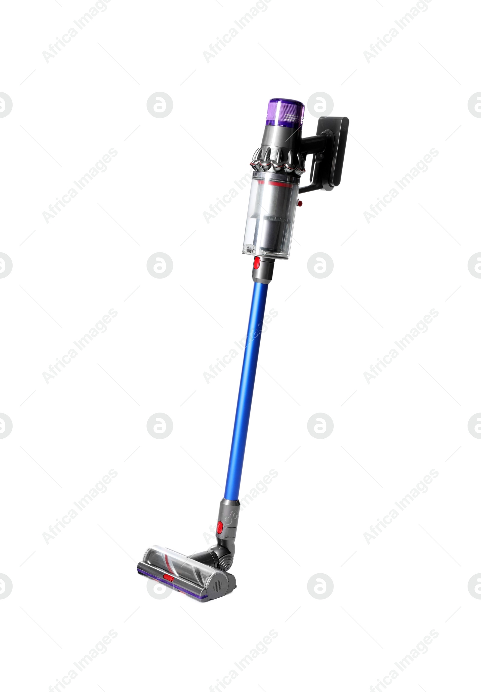 Photo of Modern wireless handheld vacuum cleaner isolated on white