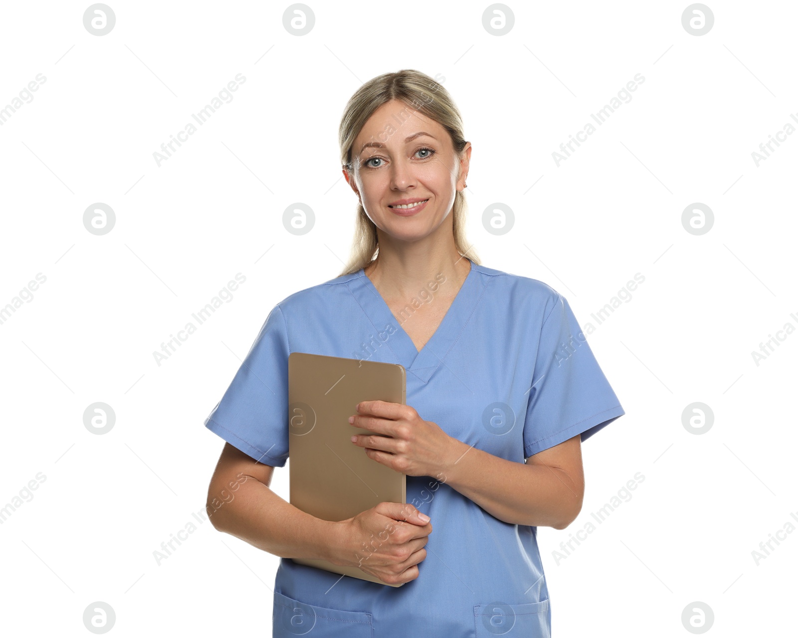 Photo of Doctor in medical uniform with laptop isolated on white