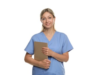 Doctor in medical uniform with laptop isolated on white