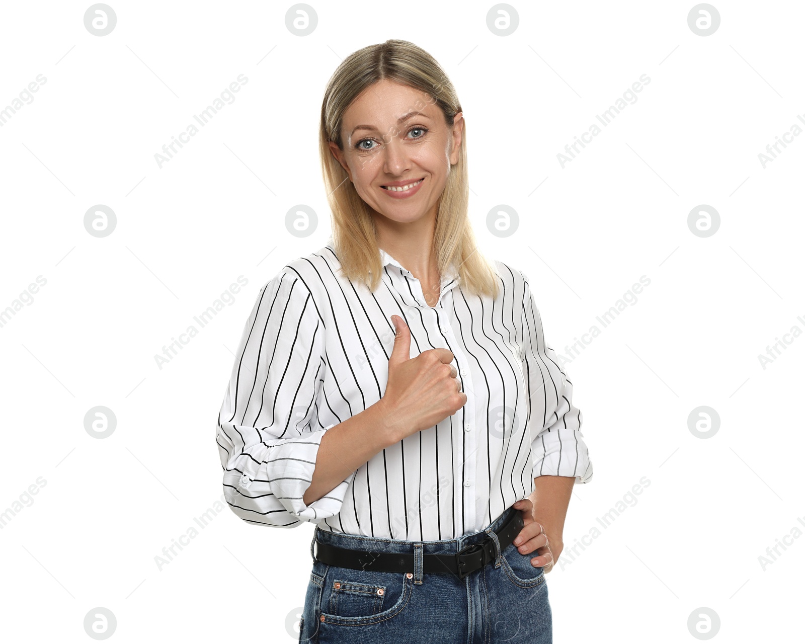 Photo of Beautiful smiling woman showing thumbs up on white background