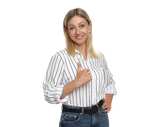 Photo of Beautiful smiling woman showing thumbs up on white background