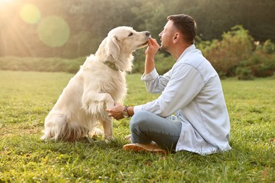 Photo of Man with cute Golden Retriever dog on spring day