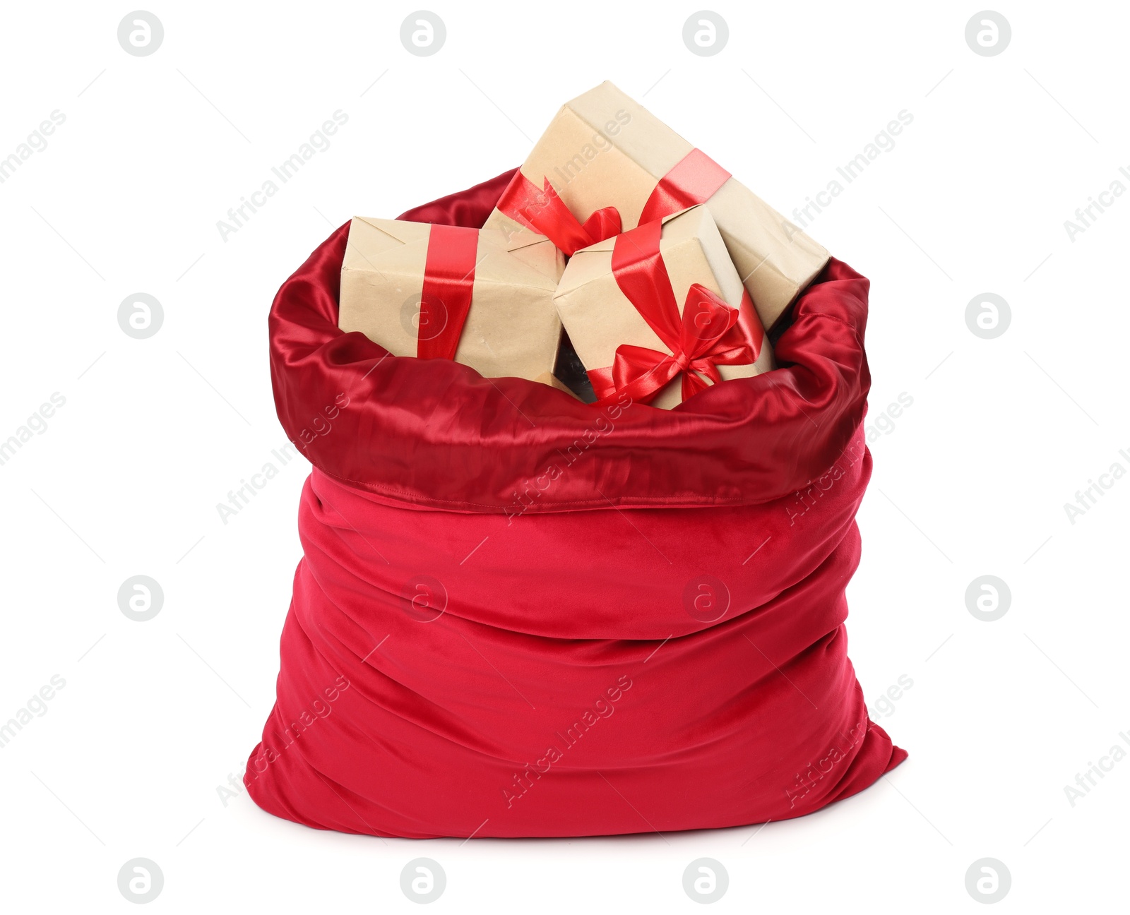 Photo of Santa Claus bag with gift boxes isolated on white