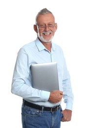 Smiling senior man with laptop on white background