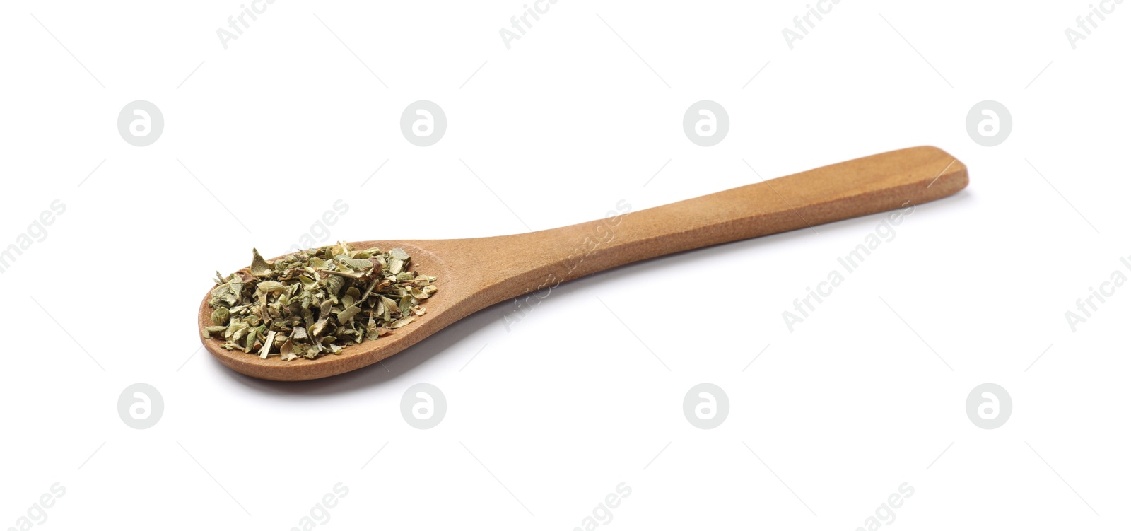 Photo of Dried oregano in spoon isolated on white