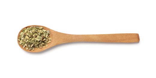 Dried oregano in spoon isolated on white, top view