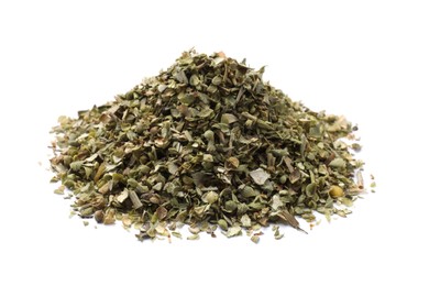 Photo of Pile of dried oregano isolated on white