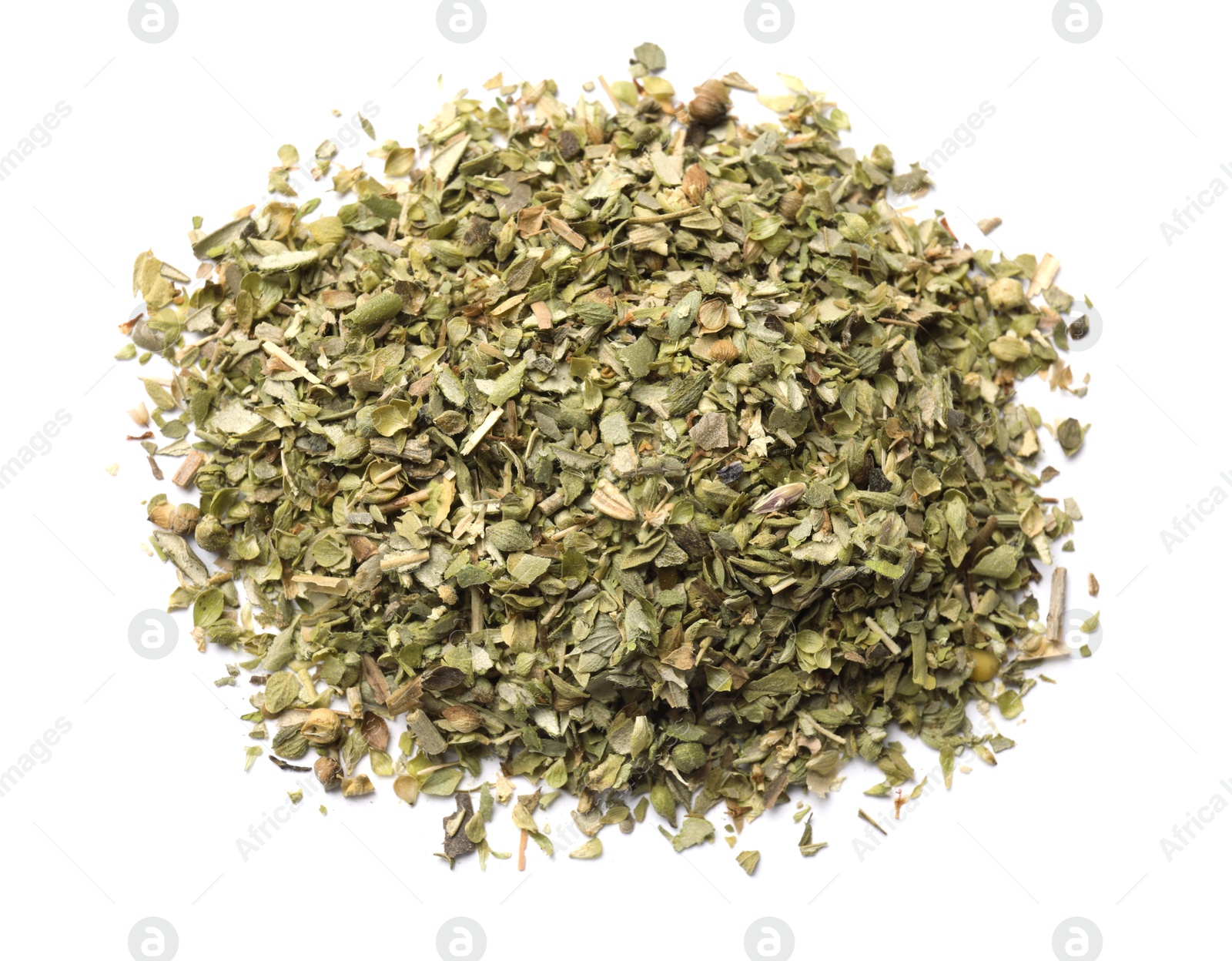 Photo of Pile of dried oregano isolated on white, top view