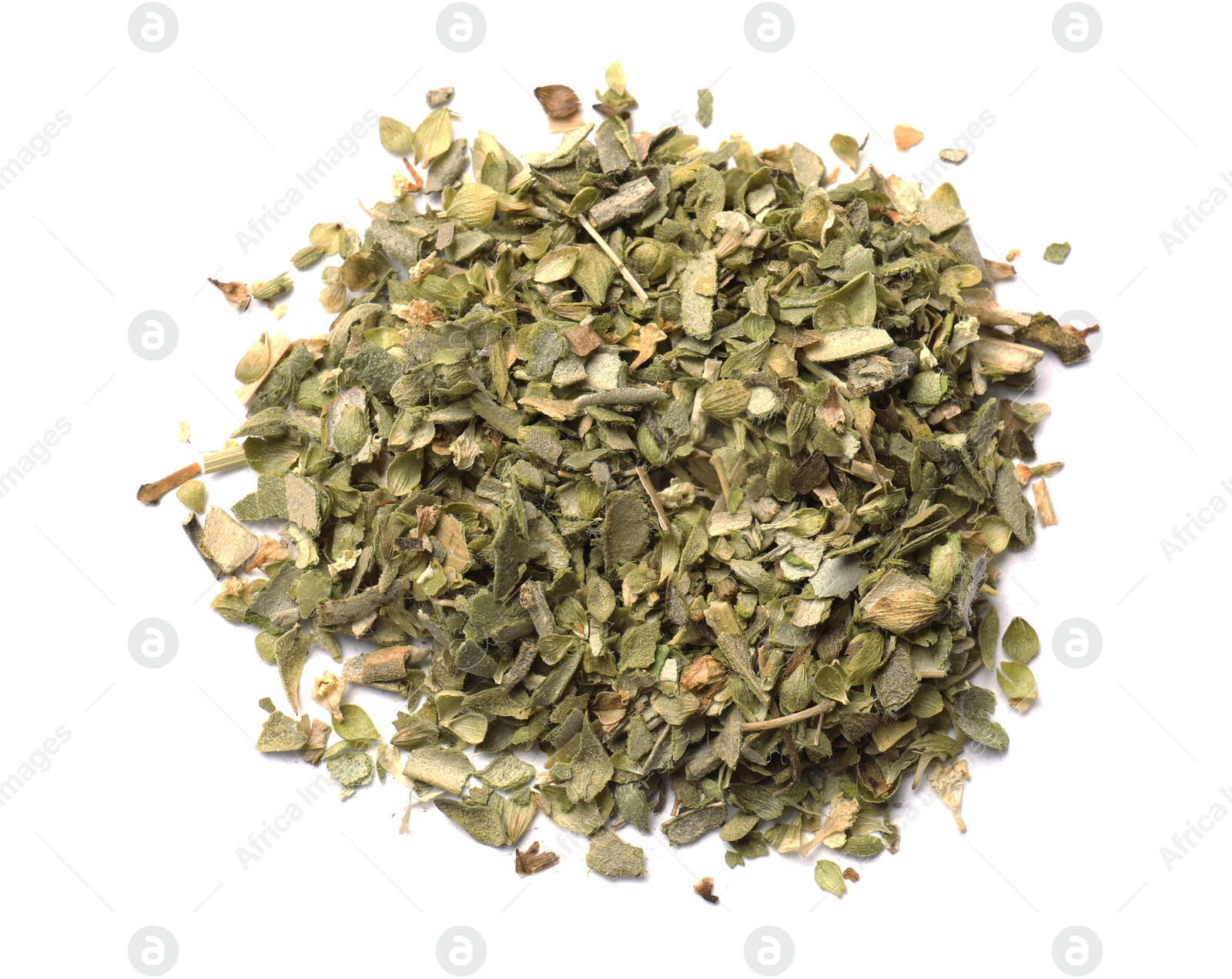 Photo of Pile of dried oregano isolated on white, top view