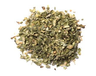 Photo of Pile of dried oregano isolated on white, top view