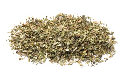 Photo of Pile of dried oregano isolated on white, top view