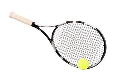 Photo of Tennis racket and ball isolated on white