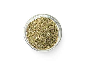 Photo of Dried oregano in bowl isolated on white, top view