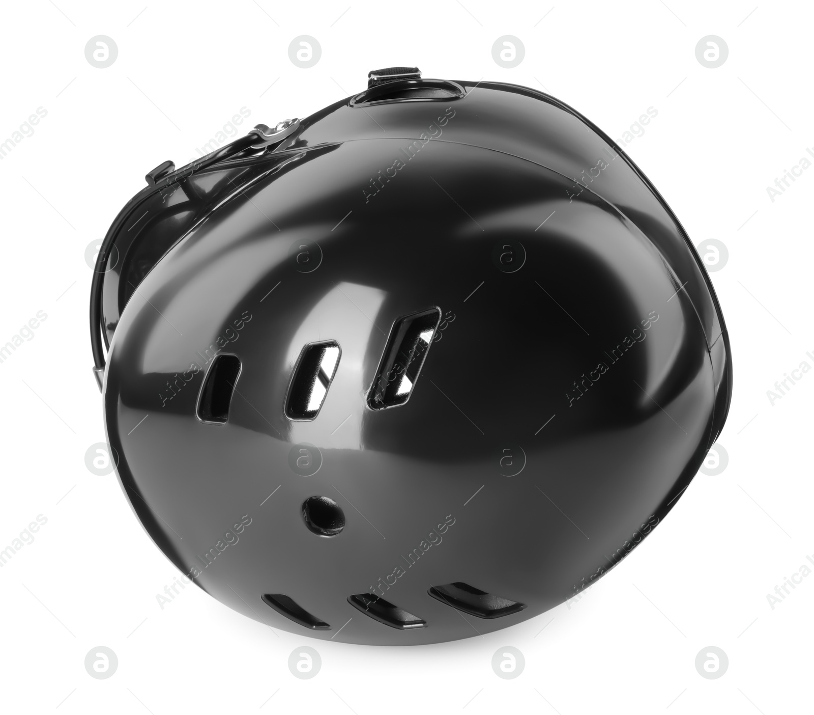 Photo of One black baseball helmet isolated on white