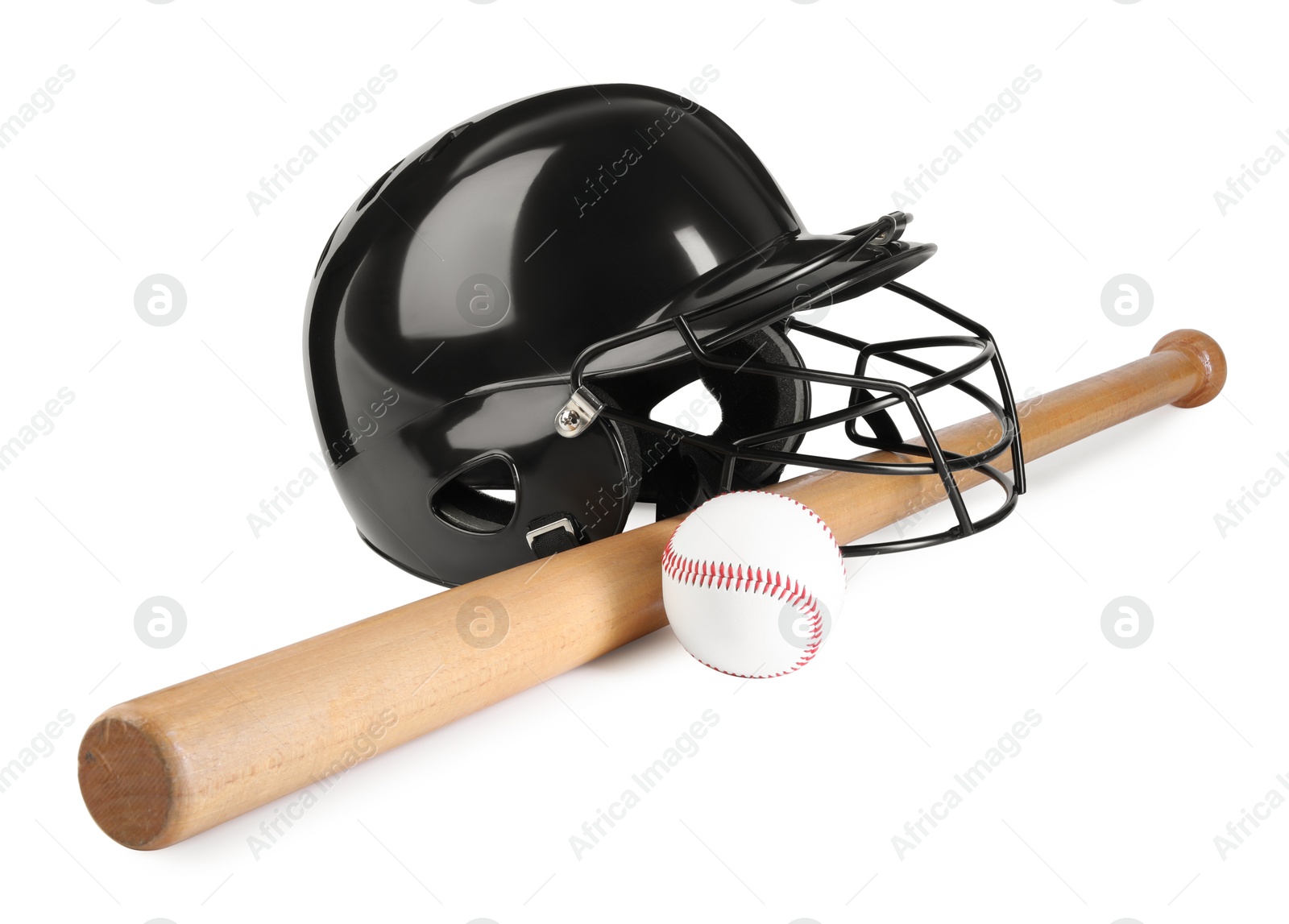 Photo of Baseball helmet, bat and ball isolated on white