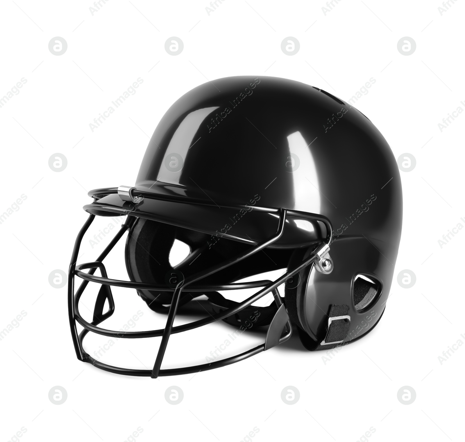 Photo of One black baseball helmet on white background, space for text