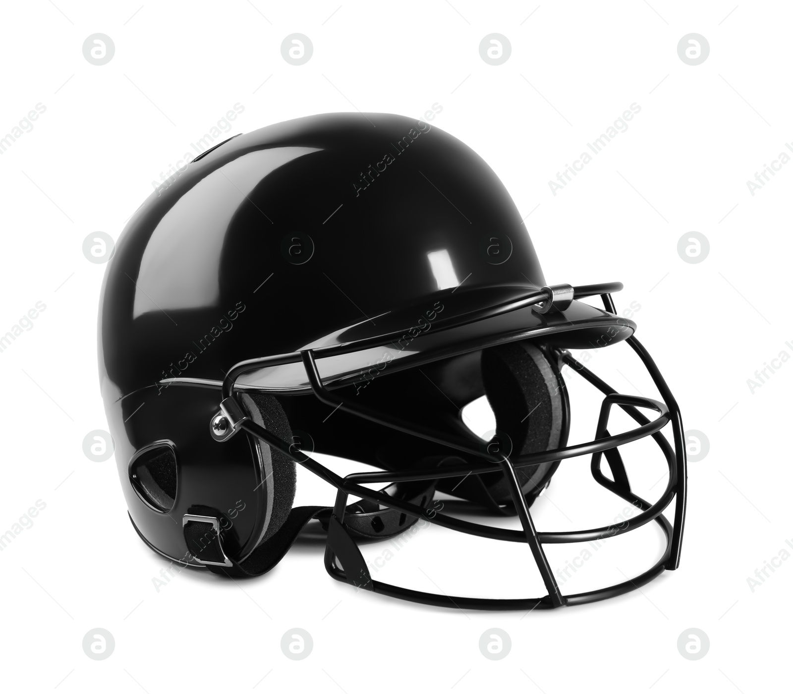 Photo of One black baseball helmet on white background, space for text