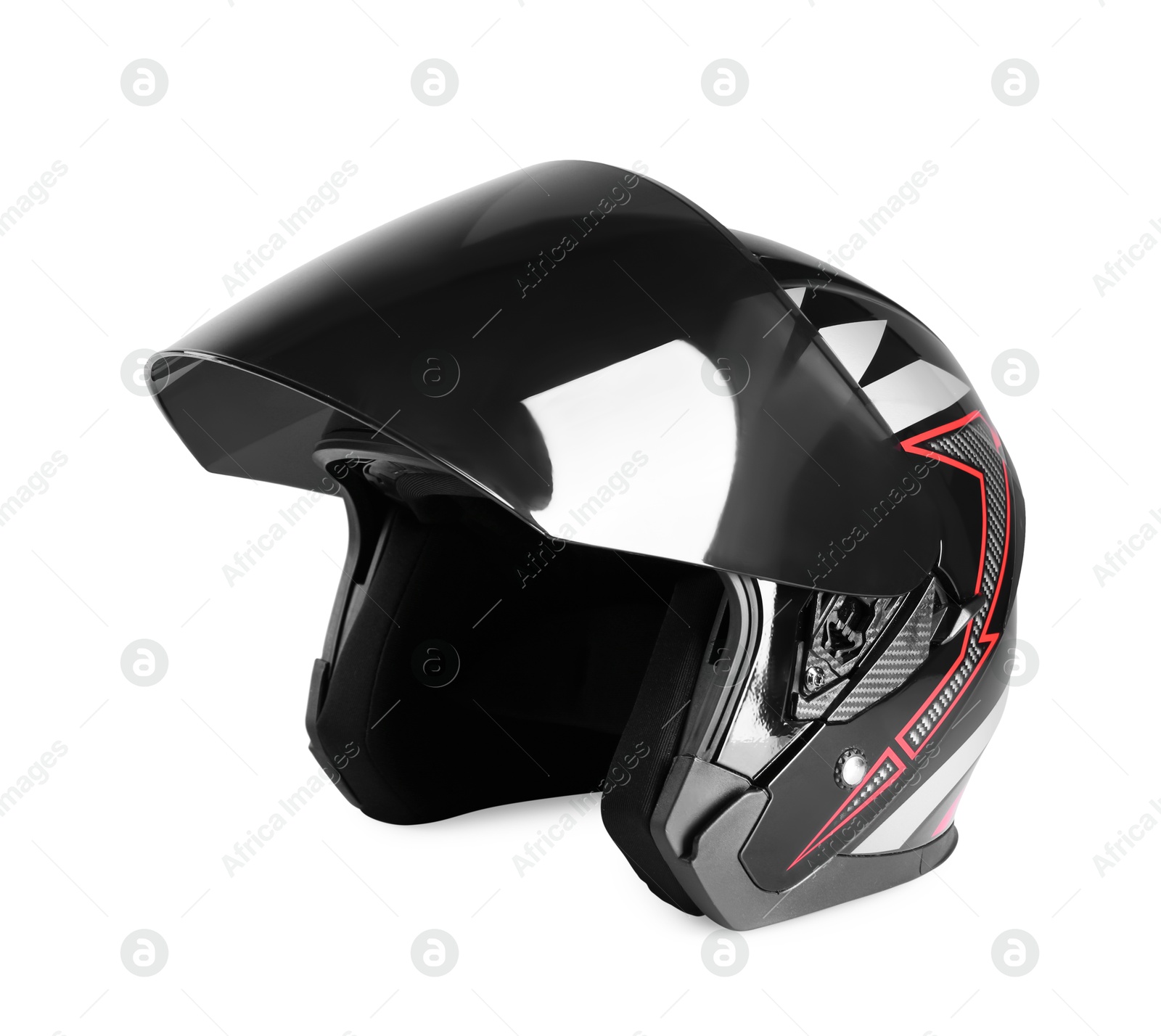 Photo of Motorcycle helmet with visor on white background, space for text