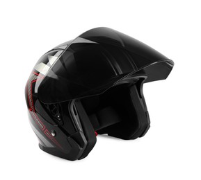 Photo of Motorcycle helmet with visor on white background, space for text