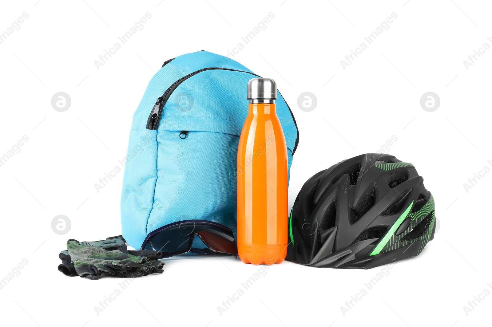 Photo of Bicycle helmet, thermo bottle, accessories and backpack isolated on white