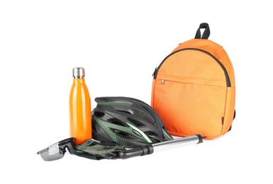 Bicycle helmet, fingerless gloves, backpack, thermo bottle and pump isolated on white