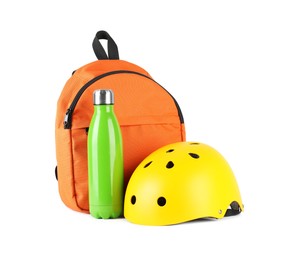 Photo of Bicycle helmet, thermo bottle and backpack isolated on white